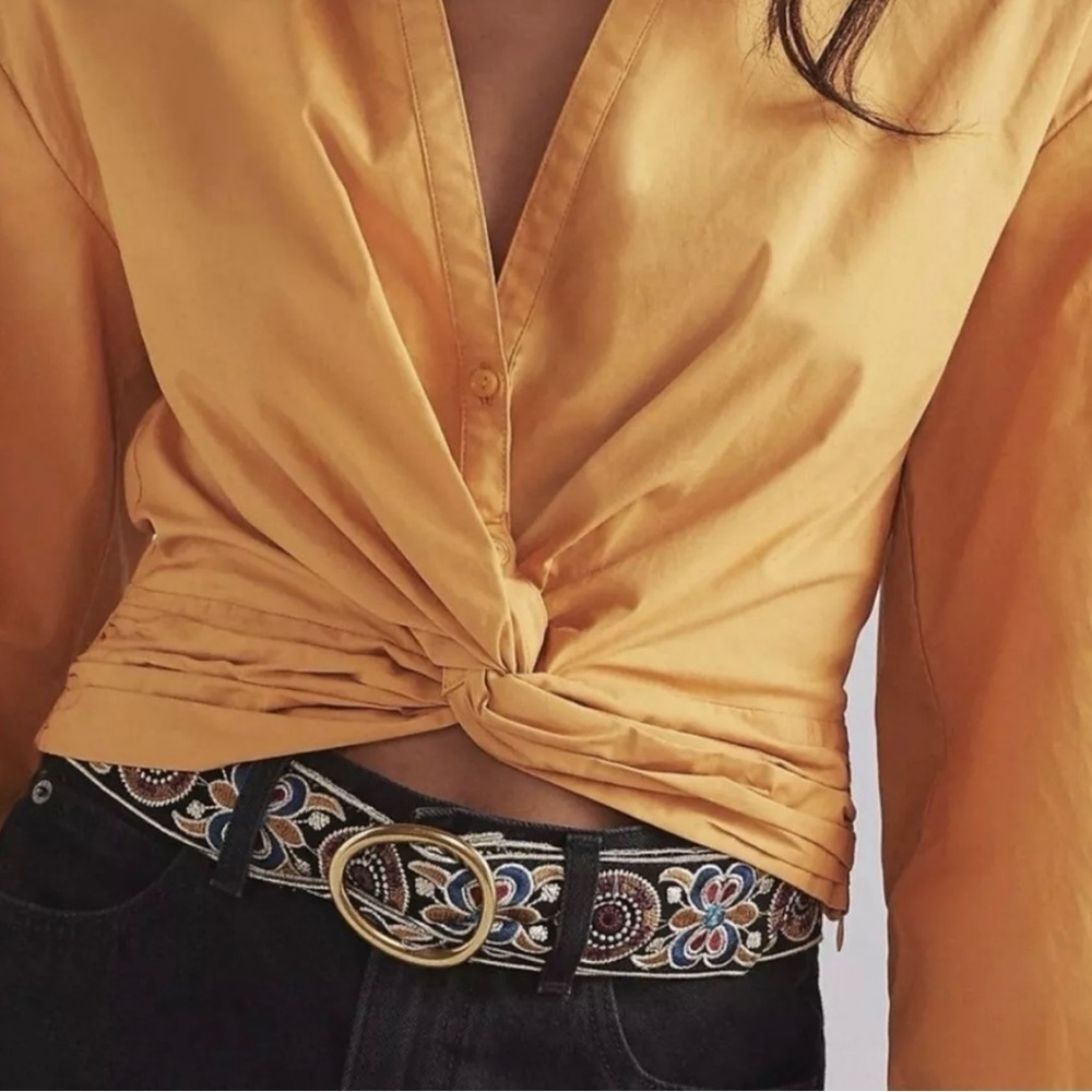 Anthropologie Sunday In Brooklyn Twist-Front V-Neck Blouse In Gold Medium - Picture 2 of 13